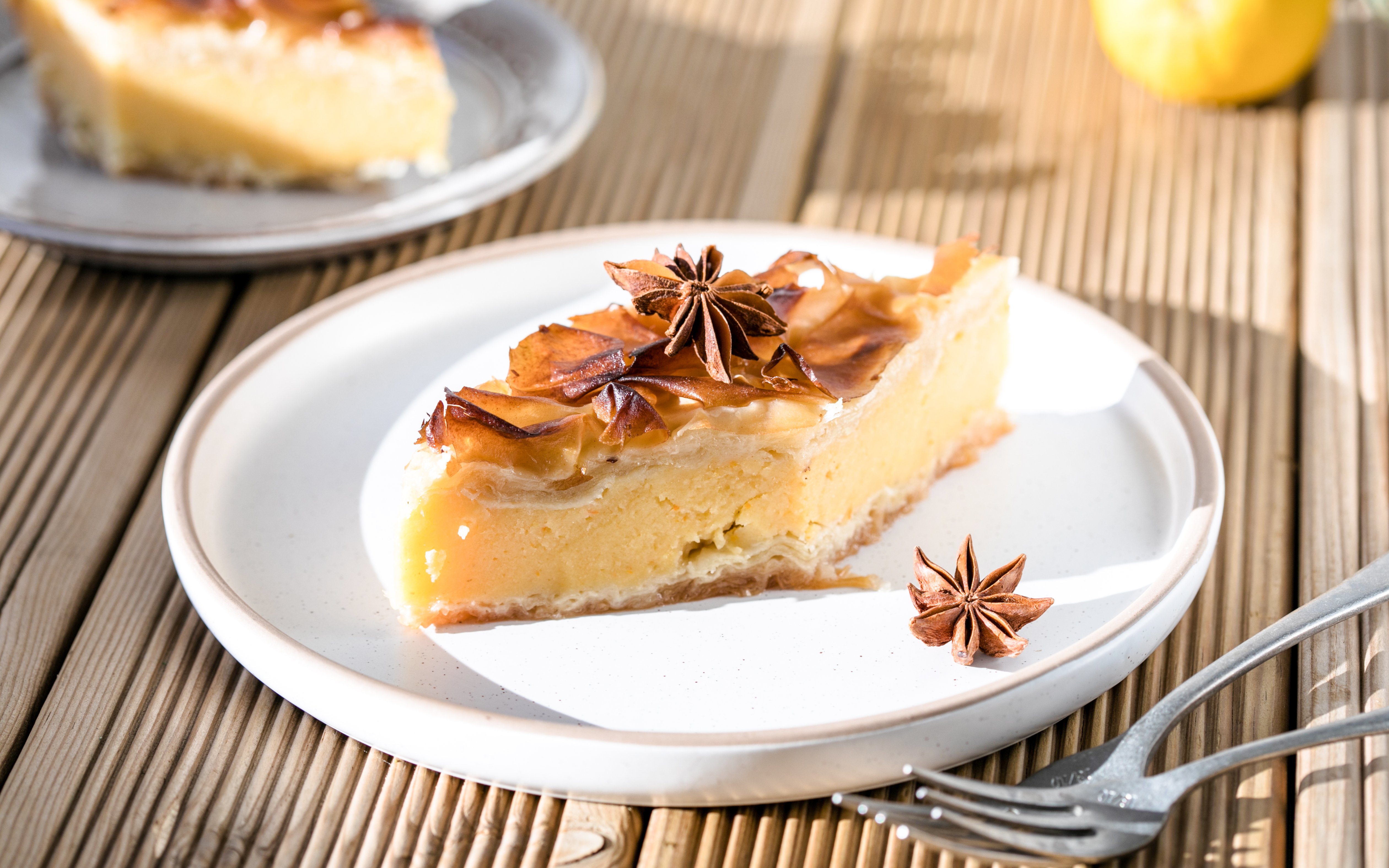 Galaktoboureko slice with star anise at Delphi Restaurant.