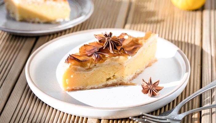 Galaktoboureko slice with star anise at Delphi Restaurant.