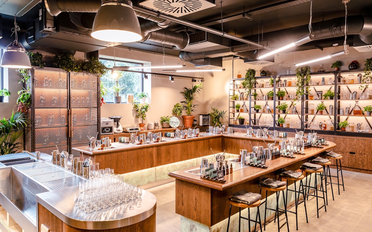 Roe & Co Distillery cocktail workshop setup with bar tools and plants.