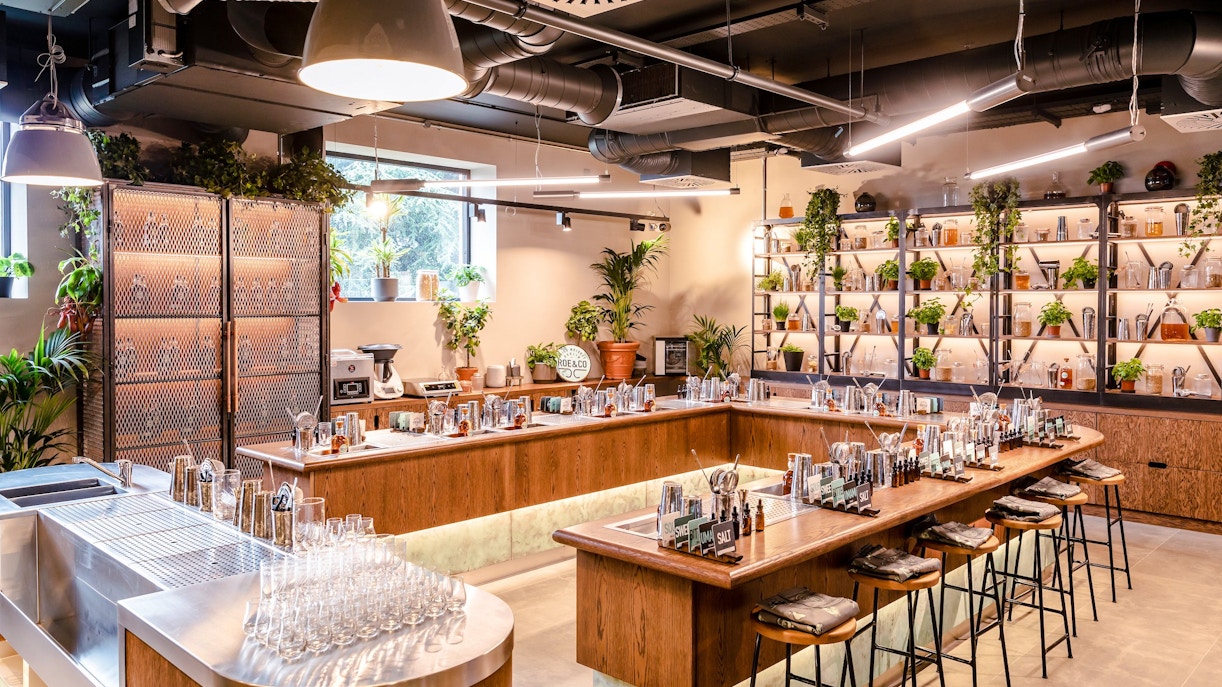 Roe & Co Distillery cocktail workshop setup with bar tools and plants.