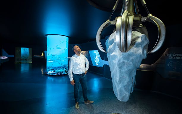 Man observing large claw sculpture at The View At The Palm exhibit.