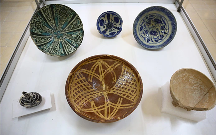 Ceramic artifacts displayed in a museum in Amman, Jordan.