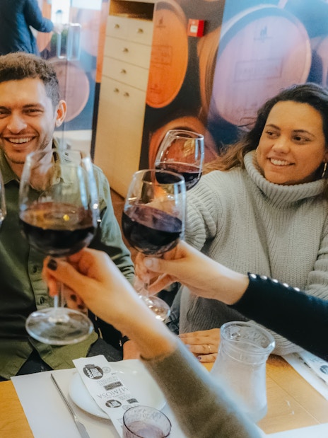 Cheerful group toasting with wine glasses on Lisbon food tour.