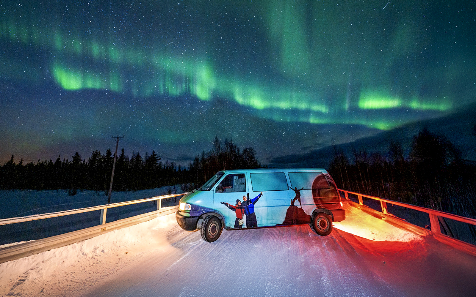 Van parked under Northern Lights during Northern Lights Camp Visit with Barbecue.