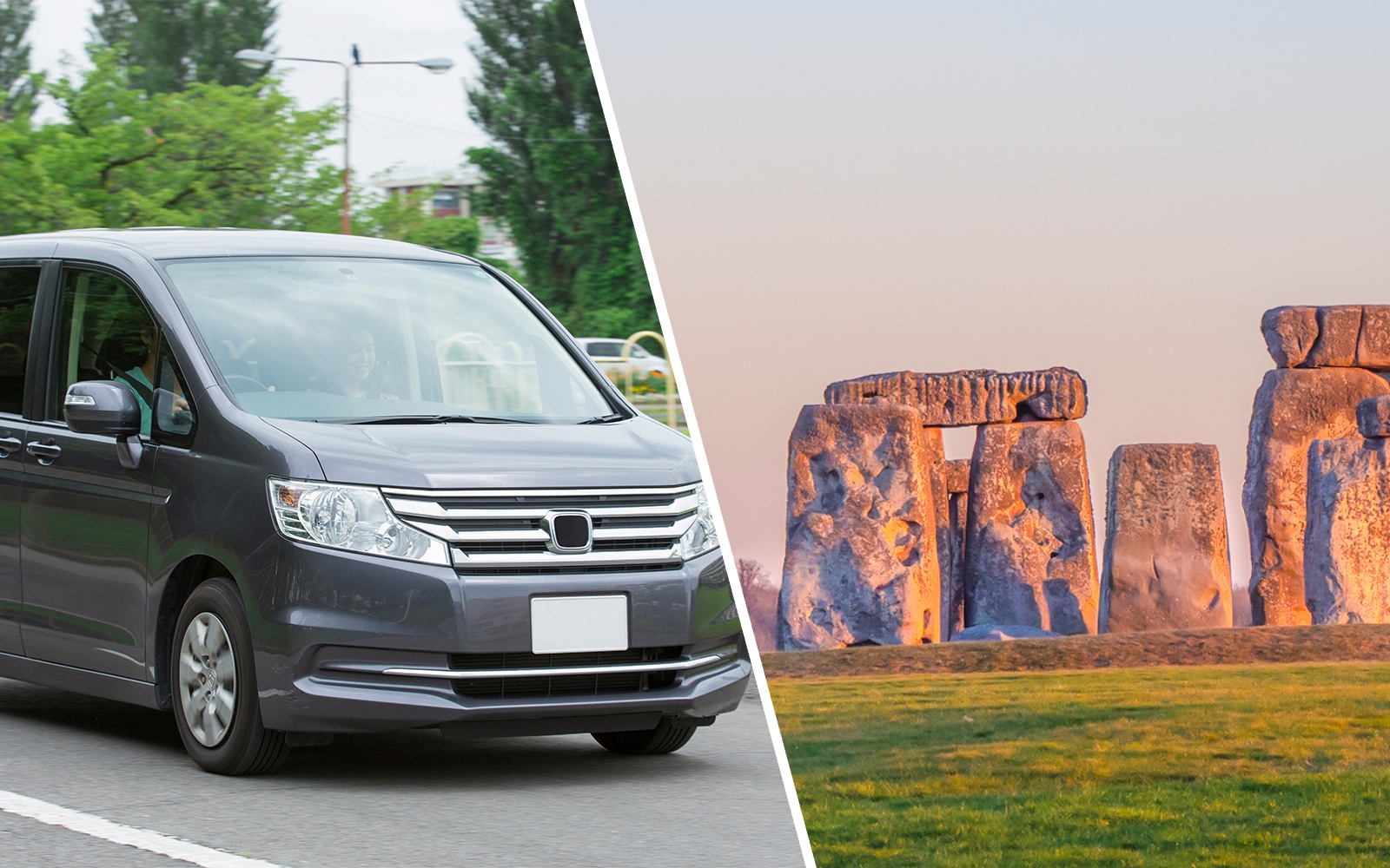 Minivan driving towards Stonehenge in Wiltshire, England.