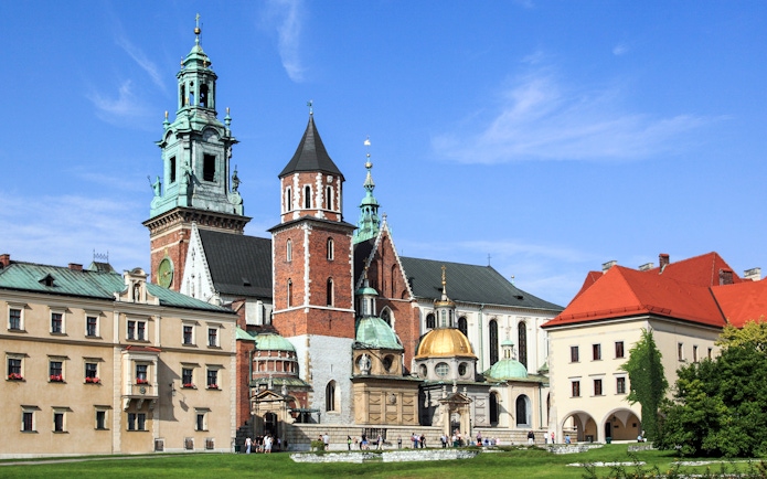 Wawel Castle complex with cathedral towers in Krakow, Poland.