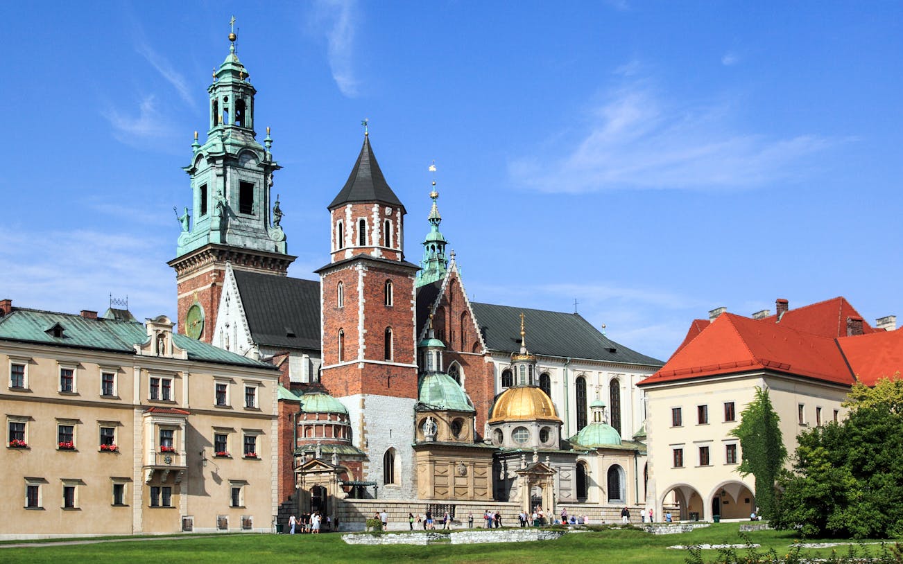 Wawel Castle complex with cathedral towers in Krakow, Poland.