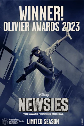 Broadway musical Newsies poster featuring cast in dynamic dance pose.