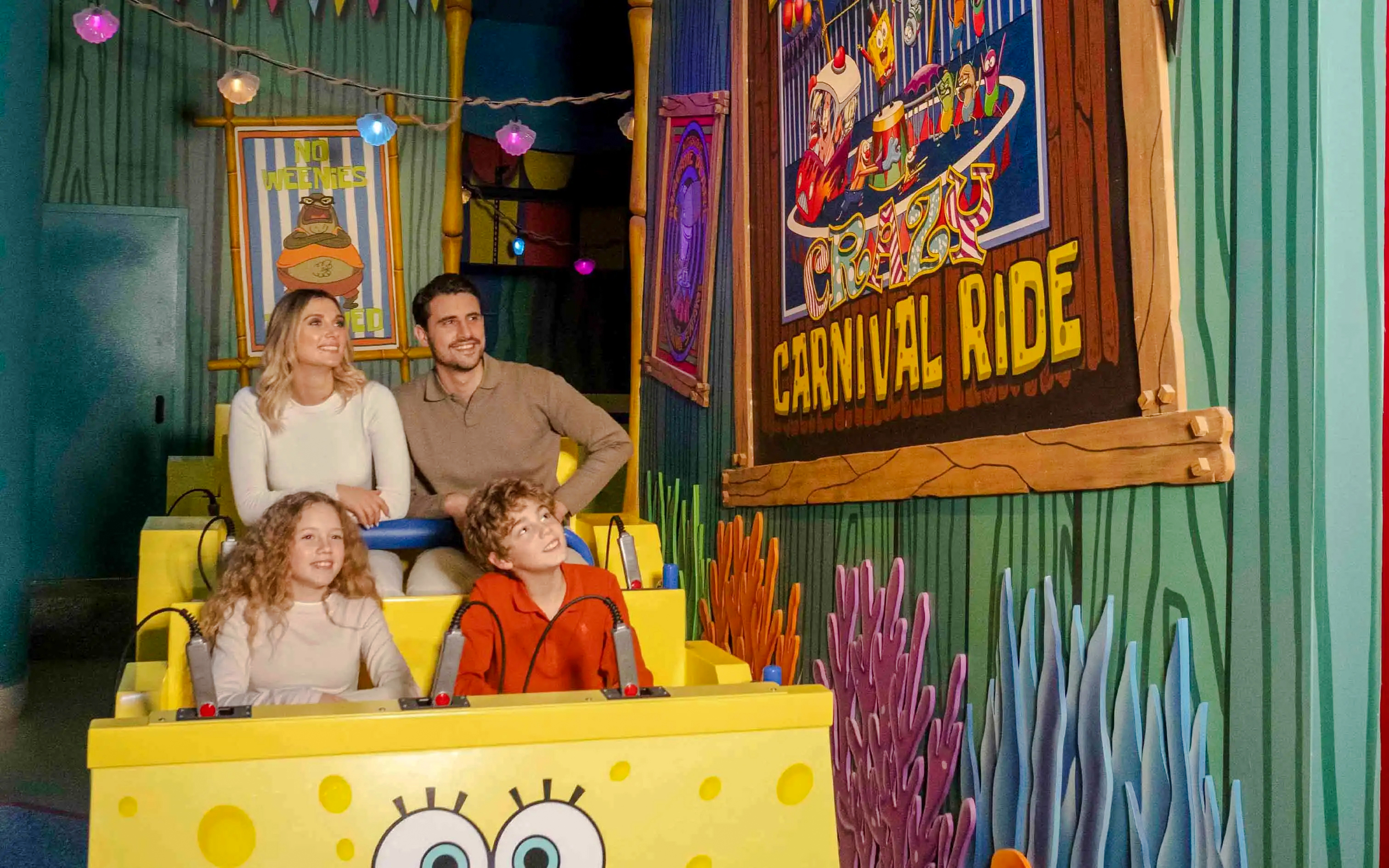 Guests on a SpongeBob-themed ride at Nickelodeon Play City, Istanbul.