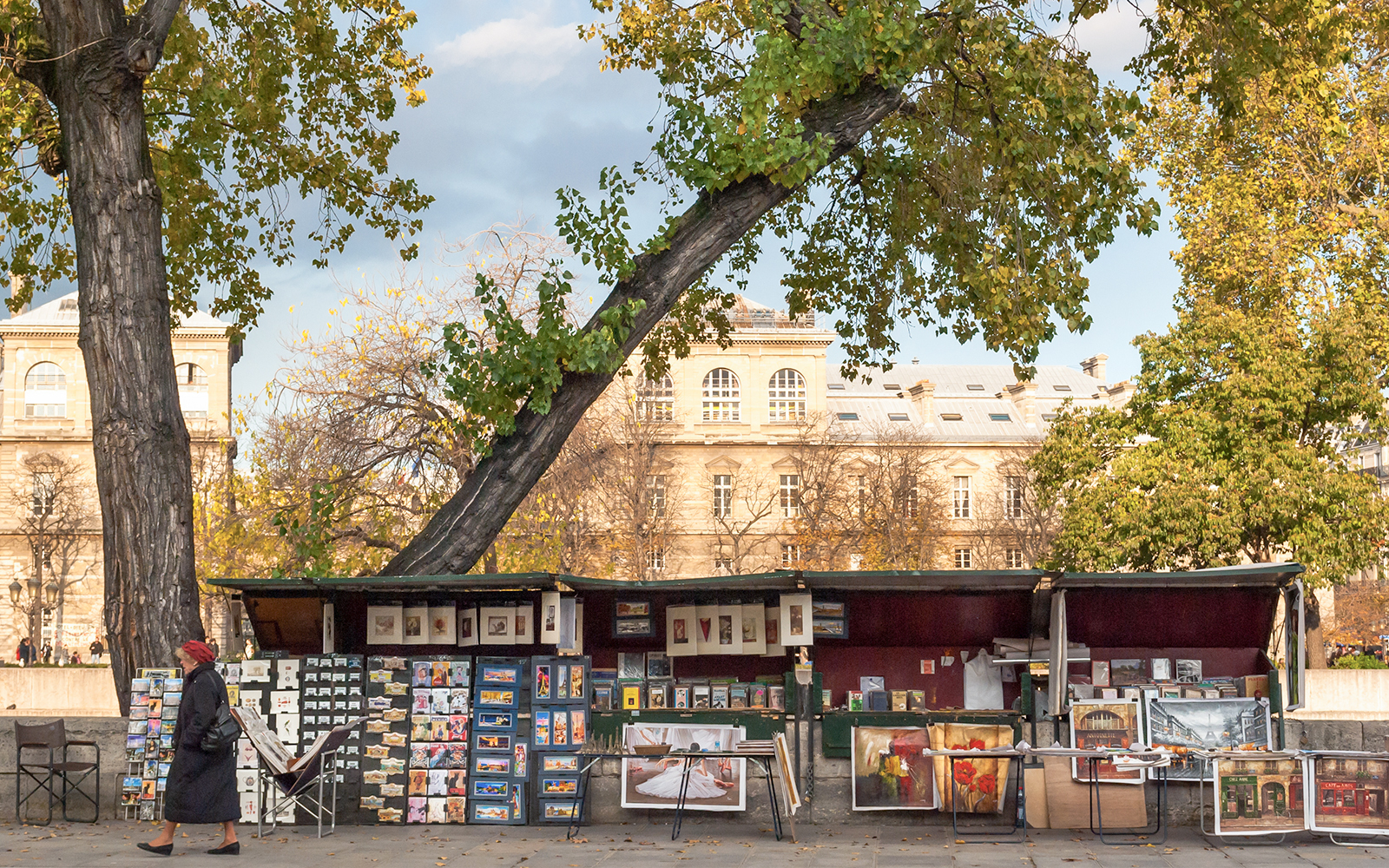 Woman browsing bouquinistes bookstalls along the Seine River in Paris.
