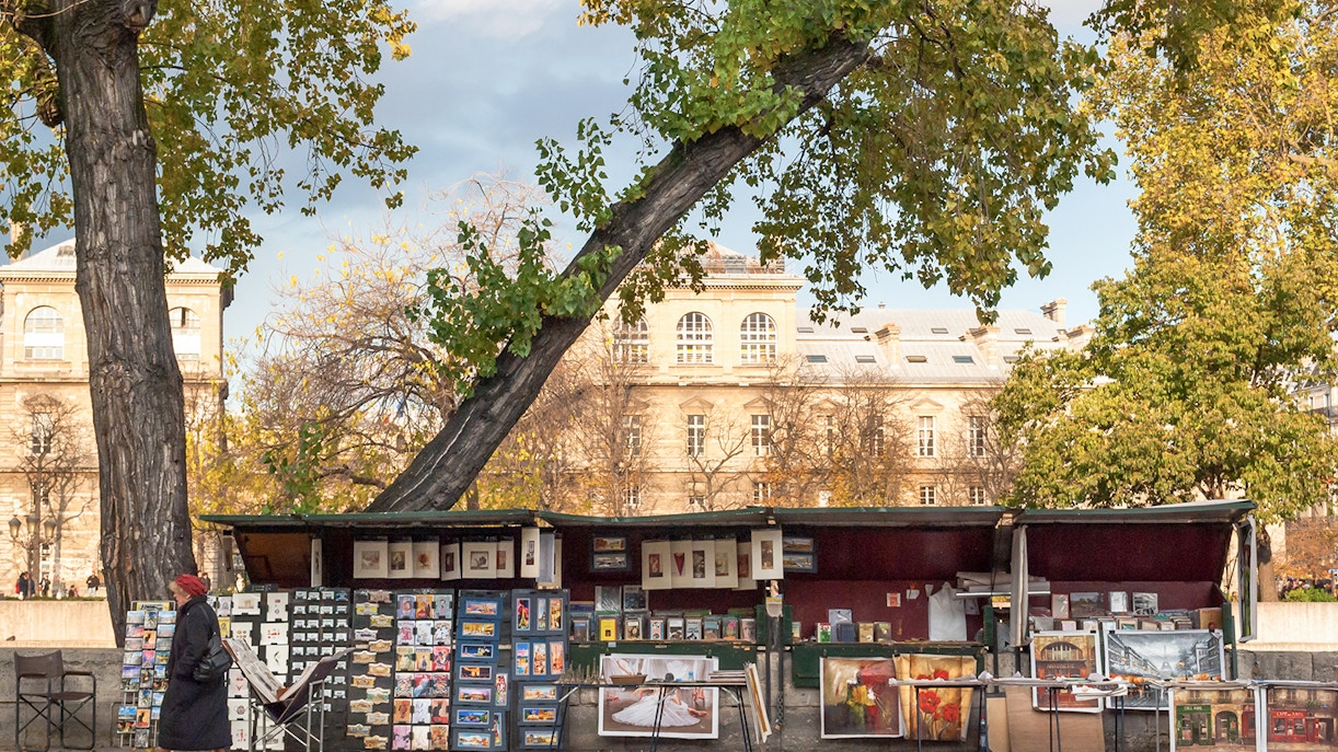 Woman browsing bouquinistes bookstalls along the Seine River in Paris.