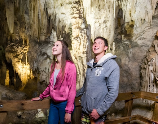 Visitors exploring Waitomo Glowworm Caves in Auckland, viewing stalactites and stalagmites.