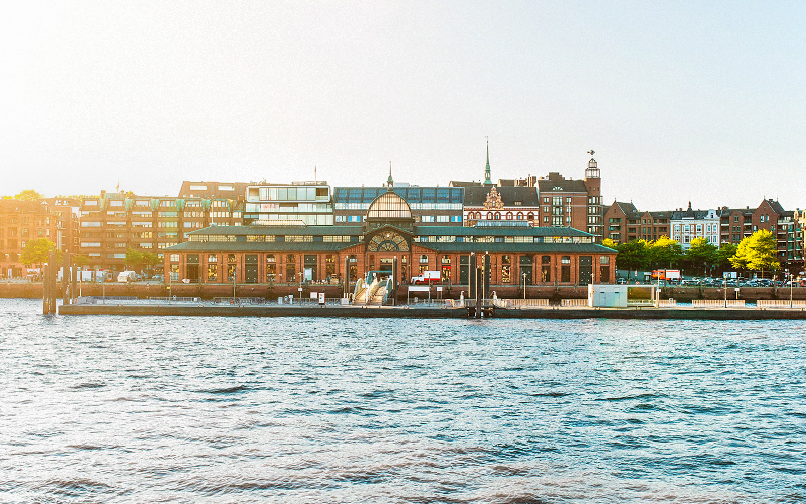 Hamburg Fish Market building viewed from the water during the 2-hour Hamburg Harbor Boat Tour.