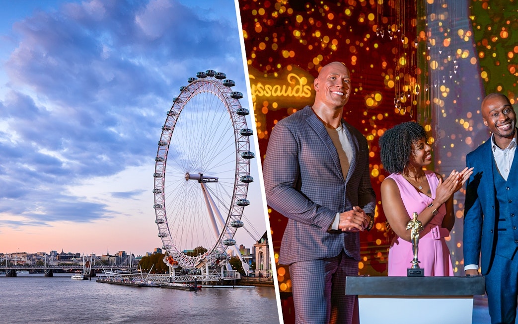 London Eye at dusk with a wax figure exhibit at Madame Tussauds.