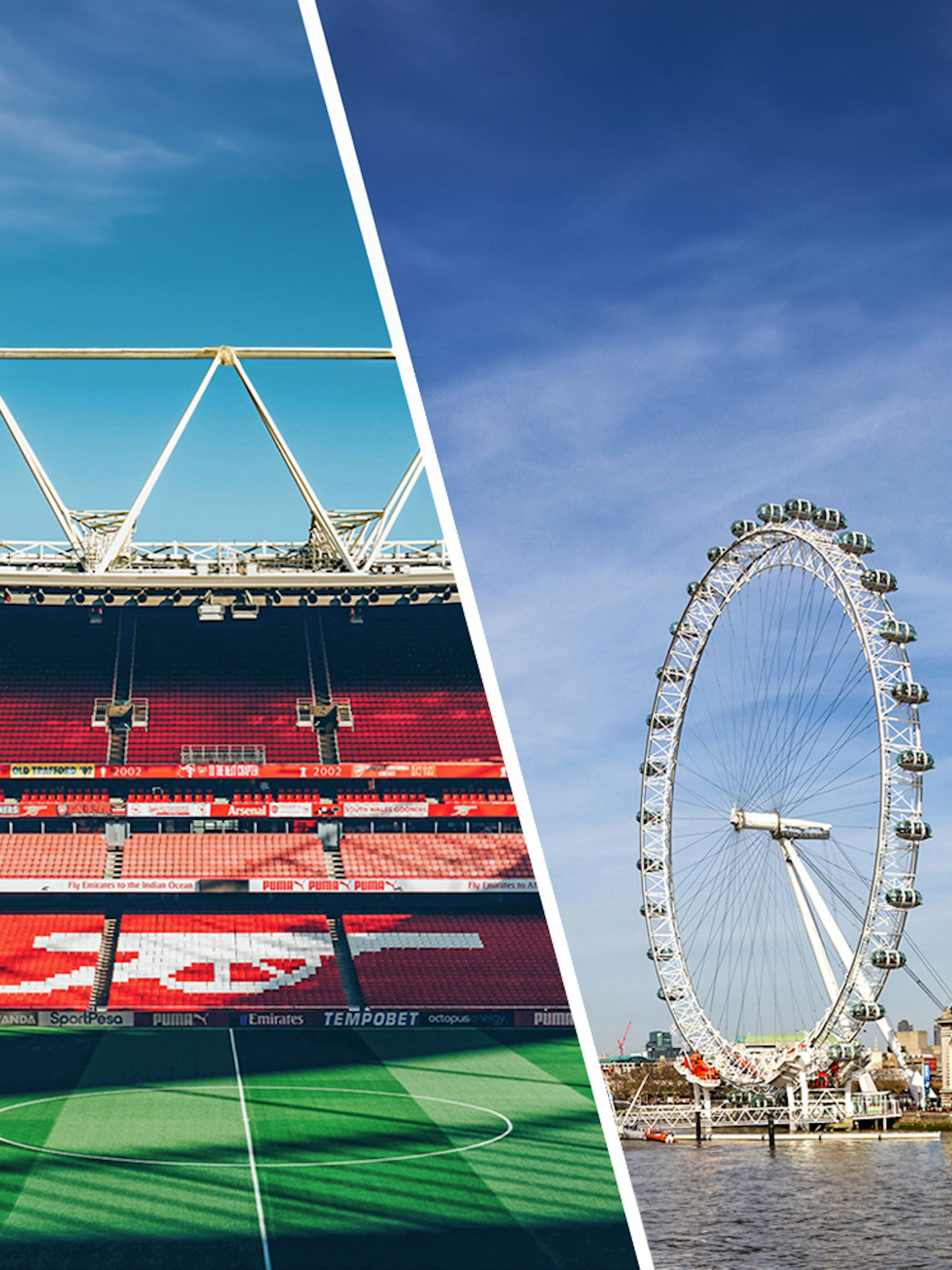 Arsenal FC Emirates Stadium and London Eye in London.