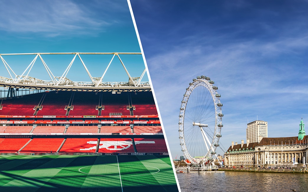 Arsenal FC Emirates Stadium and London Eye in London.