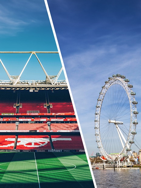 Arsenal FC Emirates Stadium and London Eye in London.