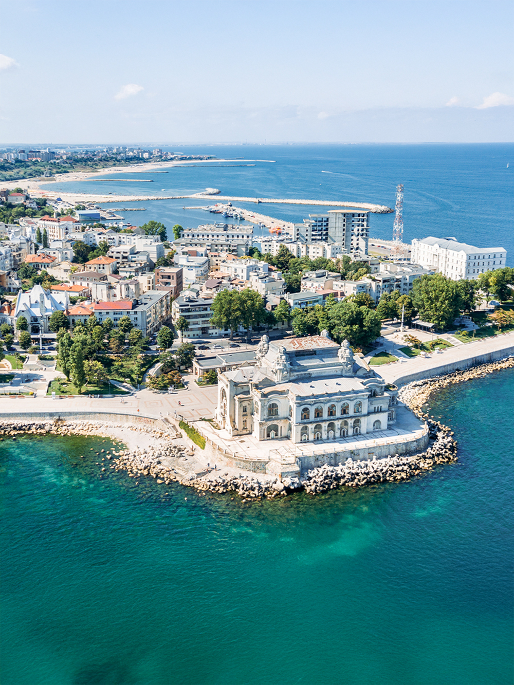 Aerial view of Constanta city skyline with historic casino and Black Sea coast in Romania.