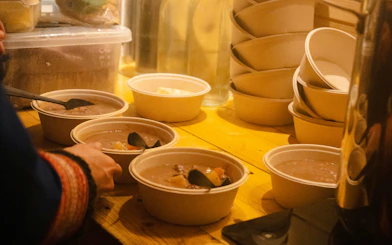 Bowls of vegetable stew being served during a reindeer feeding tour in Tromso.