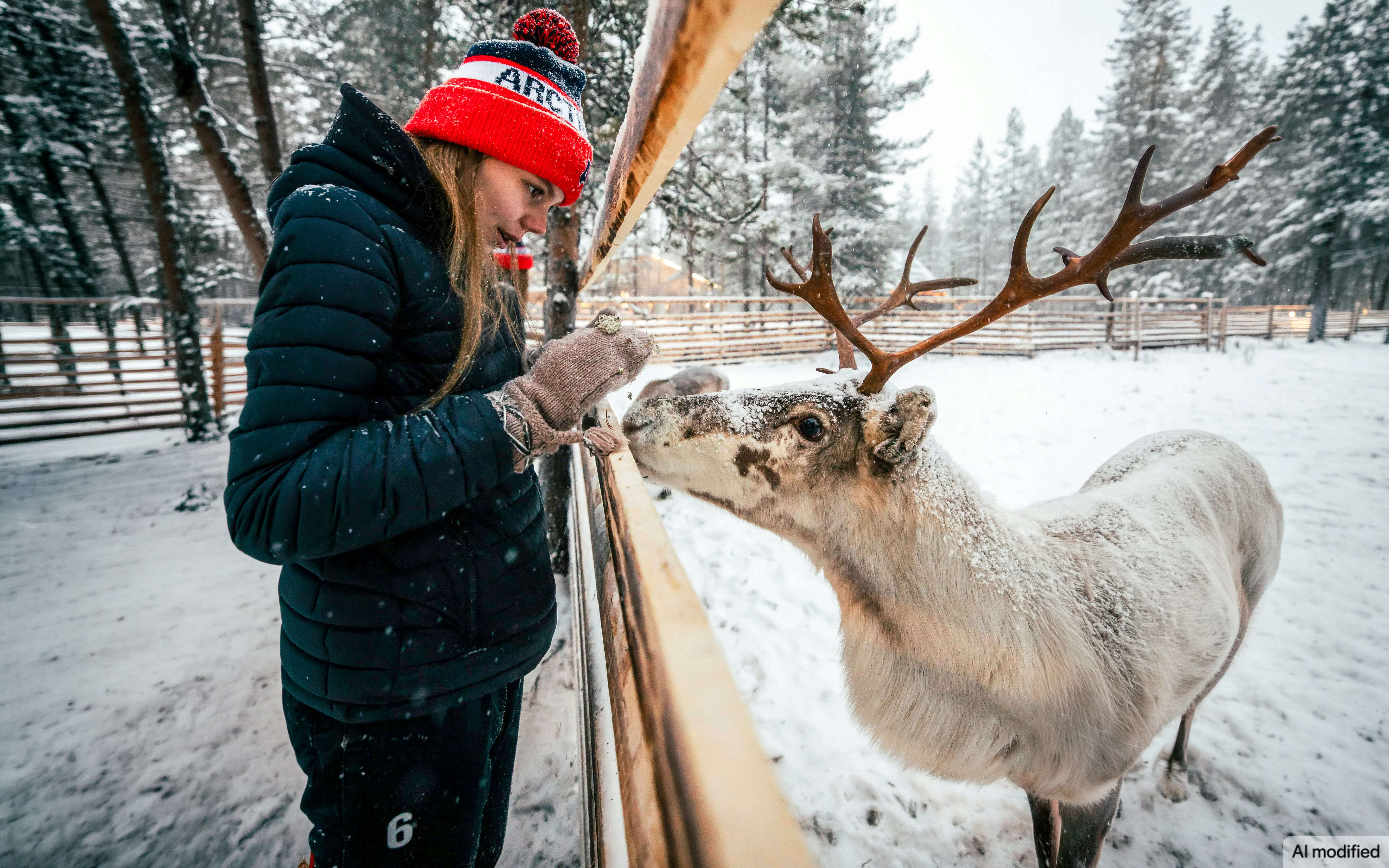 Person feeding a reindeer in snowy Lapland Winter Park.