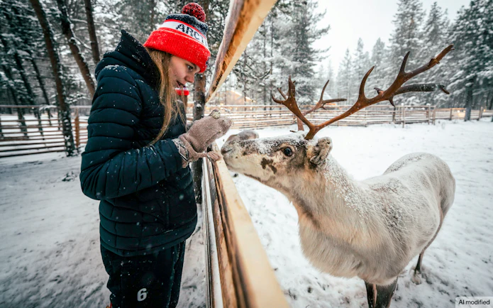 Person feeding a reindeer in snowy Lapland Winter Park.