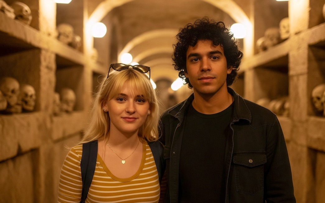 Visitors exploring the Roman Catacombs with skull-lined walls.