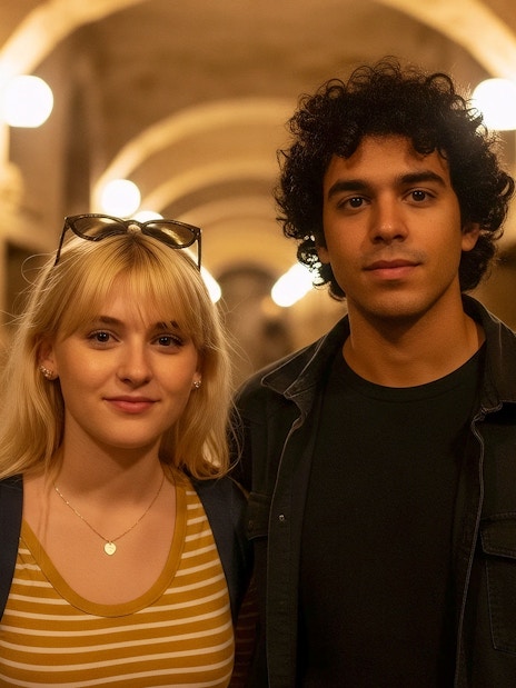 Visitors exploring the Roman Catacombs with skull-lined walls.
