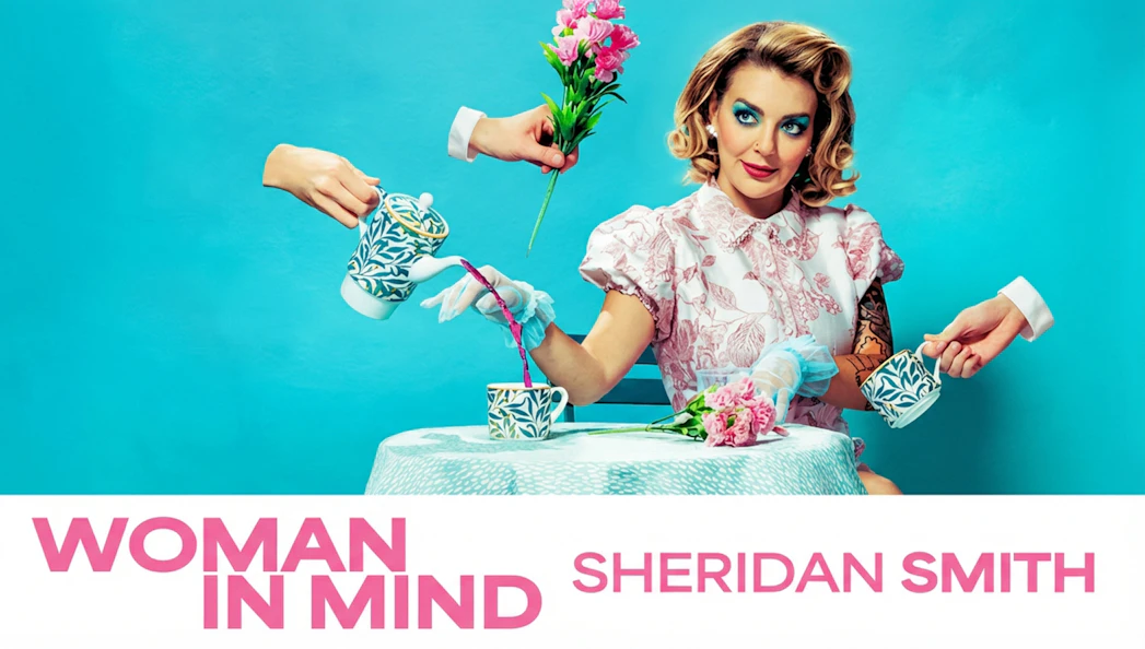 Woman in vintage dress with teapot and flowers, "Woman In Mind" text.