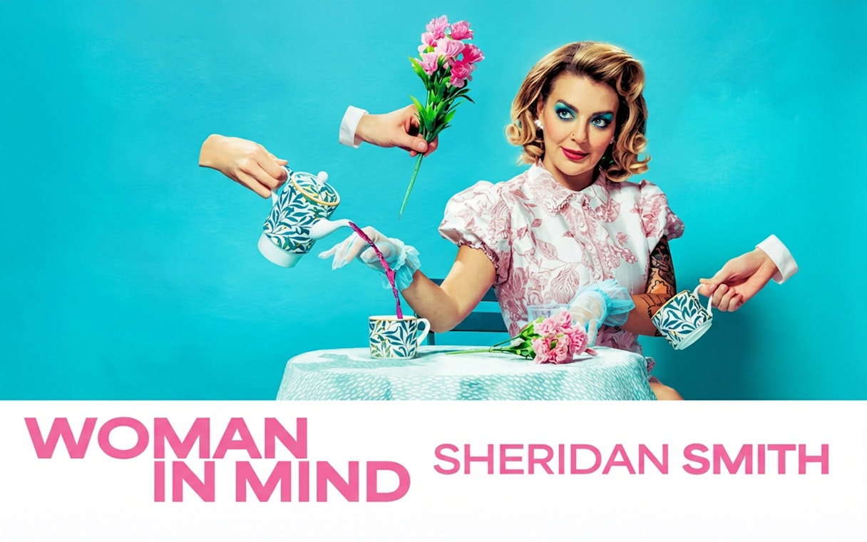 Woman in vintage dress with teapot and flowers, "Woman In Mind" text.