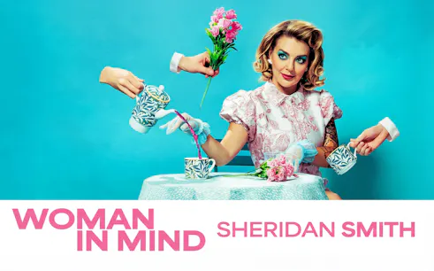 Woman in vintage dress with teapot and flowers, "Woman In Mind" text.