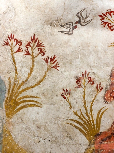Murals depicting red lilies and swallows at Akrotiri Excavations, Santorini.