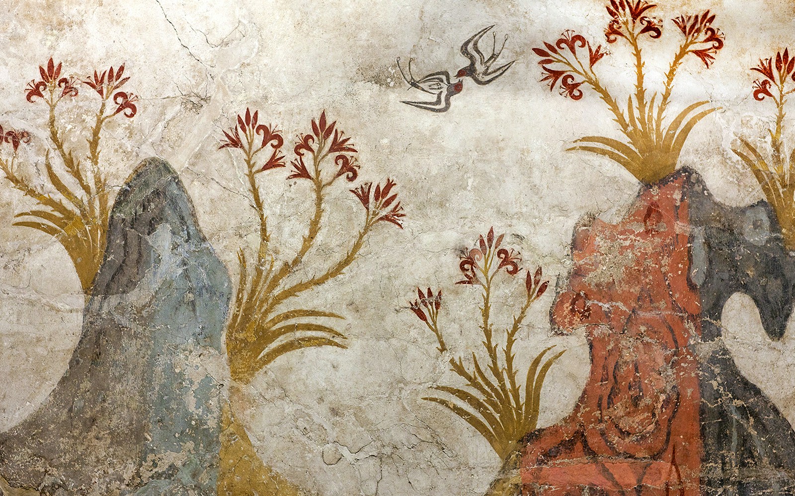 Minoan fresco with red lilies and swallows at Akrotiri Excavations, Santorini.