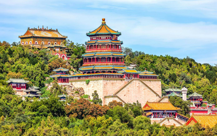 Longevity Hill with Tower of Fragrance of Buddha, Summer Palace, Beijing, surrounded by lush greenery.