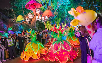 Colorful parade with performers in vibrant costumes at Chimelong Safari Park.