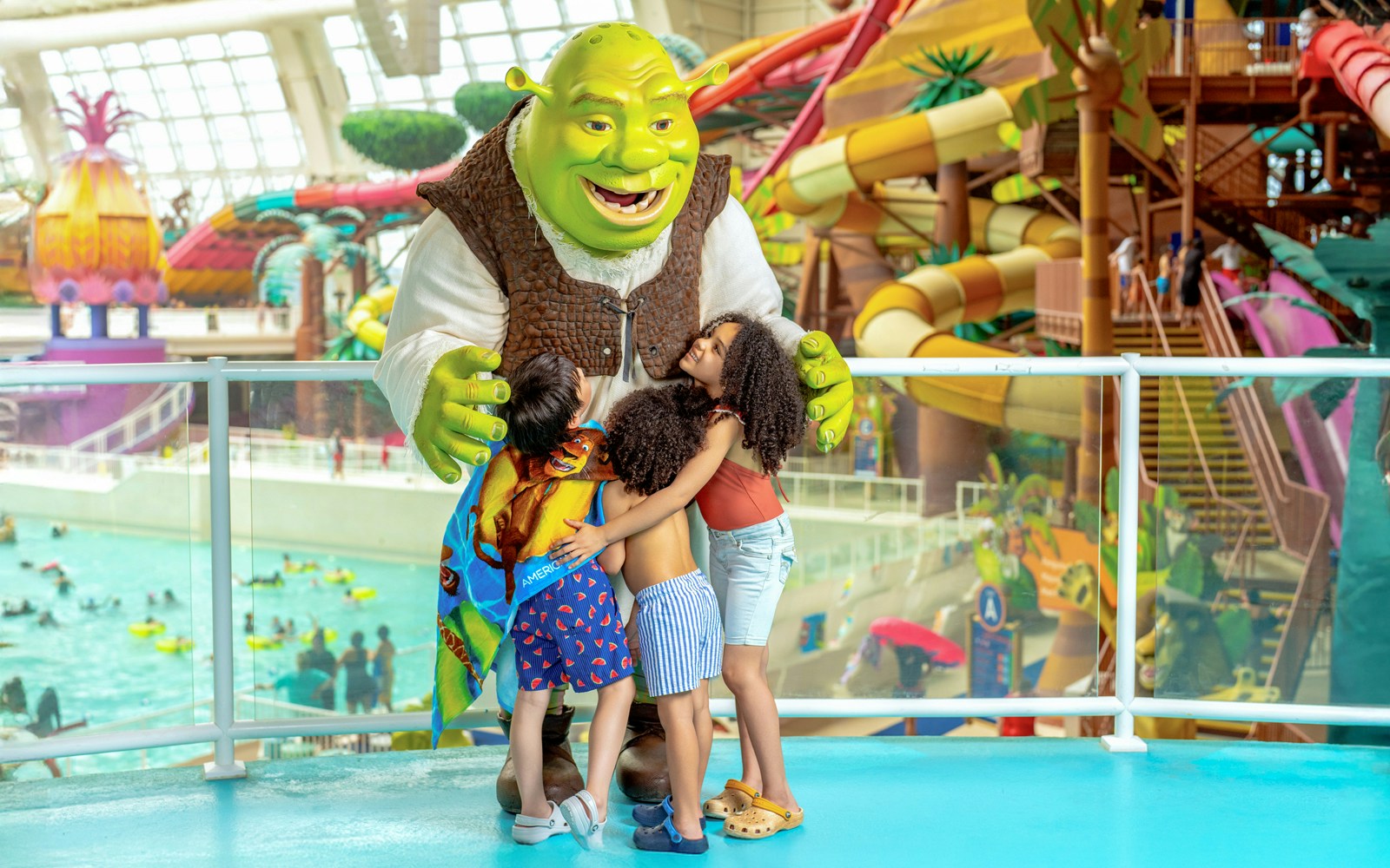 Kids meeting Shrek at American Dream DreamWorks Water Park.