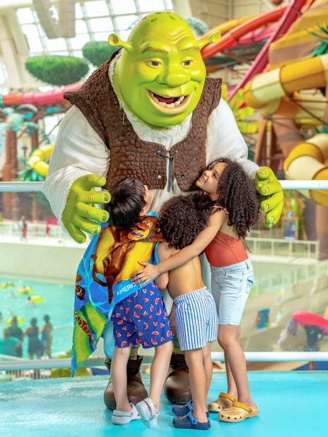 Kids meeting Shrek at American Dream DreamWorks Water Park.