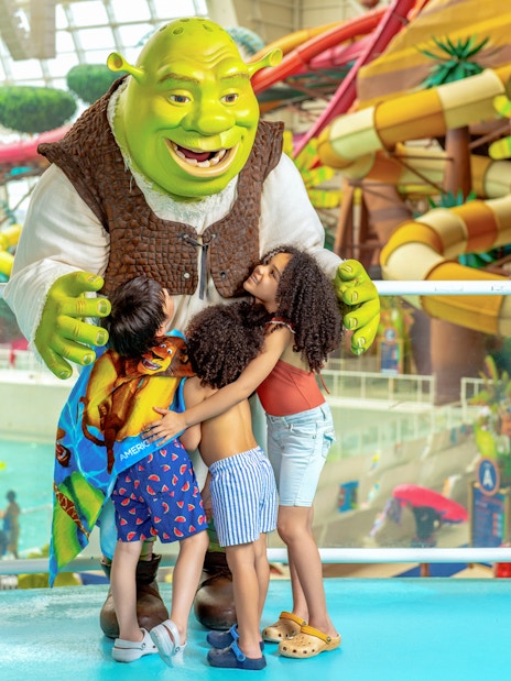 Kids meeting Shrek at American Dream DreamWorks Water Park.