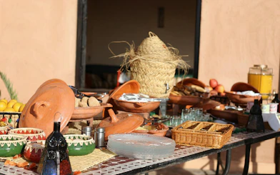 Berber breakfast spread with traditional Moroccan dishes in Marrakech.