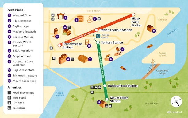 Singapore Cable Car Sky Pass map showing routes from Mount Faber to Sentosa with attractions.