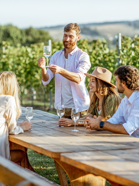 Young people enjoying wine and conversation at a vineyard table.