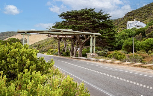 Great Ocean Road entrance with scenic landscape, Australia.