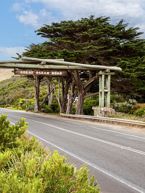 Great Ocean Road entrance with scenic landscape, Australia.