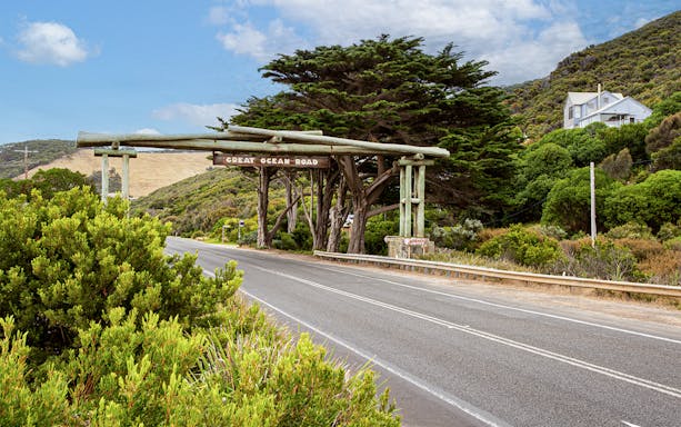 Great Ocean Road entrance with scenic landscape, Australia.