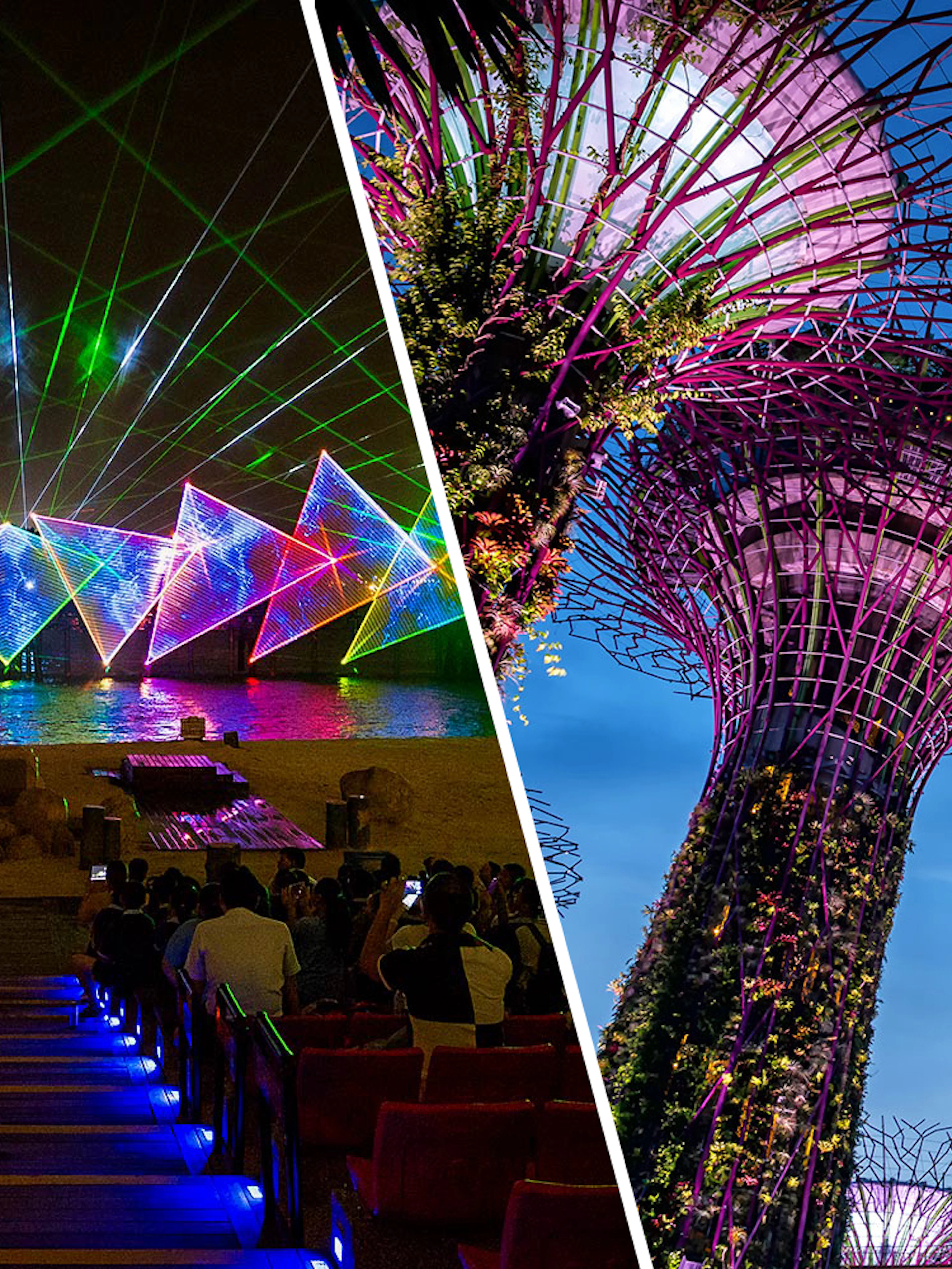 Wings of Time light show and Supertree Grove at Gardens by the Bay, Singapore.