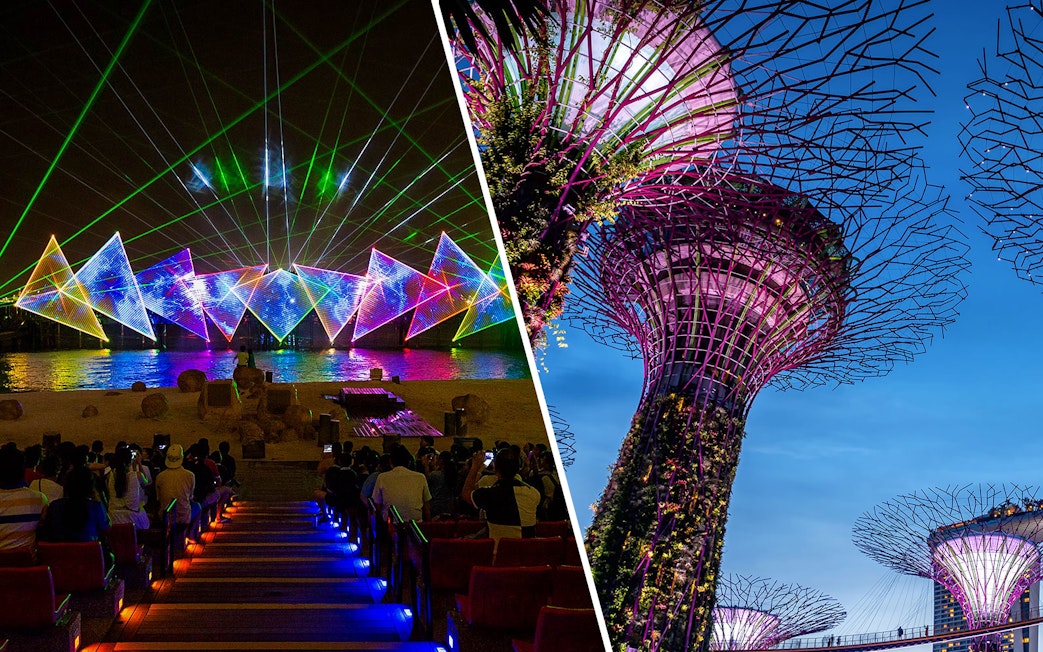 Wings of Time light show and Supertree Grove at Gardens by the Bay, Singapore.