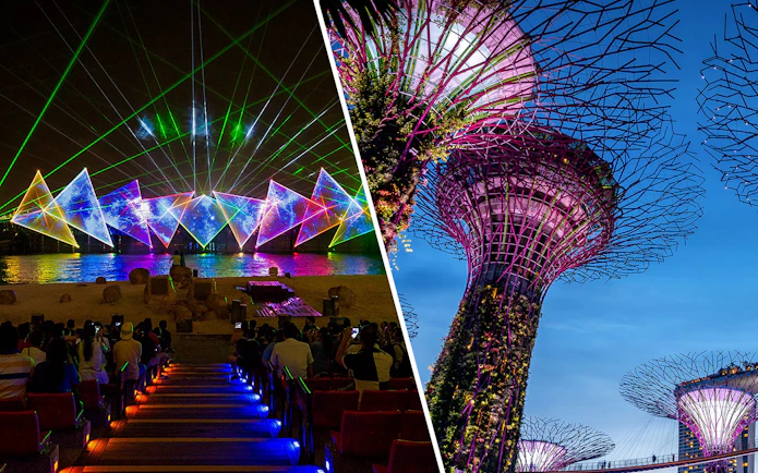 Wings of Time light show and Supertree Grove at Gardens by the Bay, Singapore.