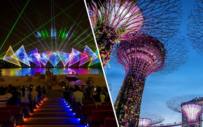 Wings of Time light show and Supertree Grove at Gardens by the Bay, Singapore.