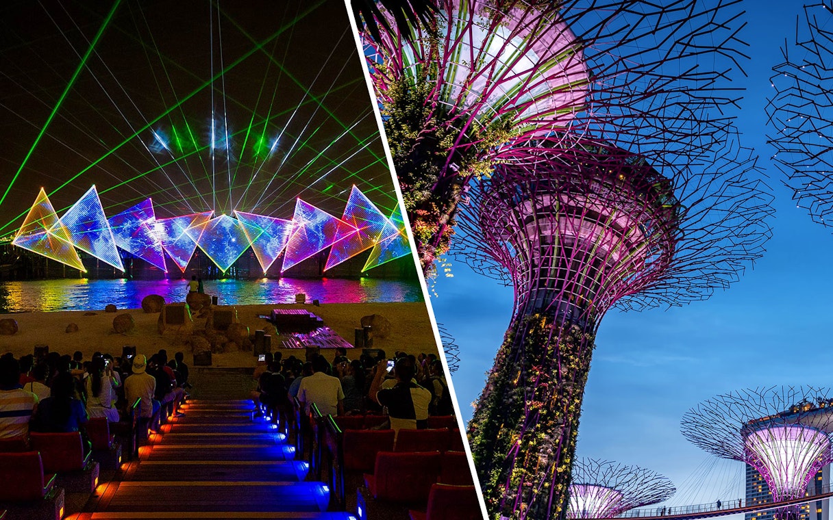 Wings of Time light show and Supertree Grove at Gardens by the Bay, Singapore.