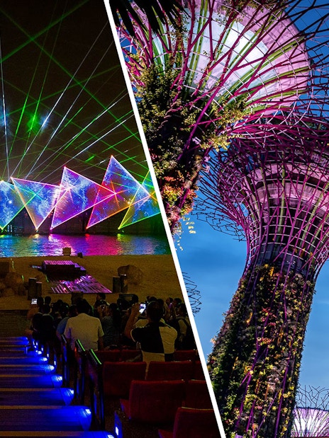 Wings of Time light show and Supertree Grove at Gardens by the Bay, Singapore.