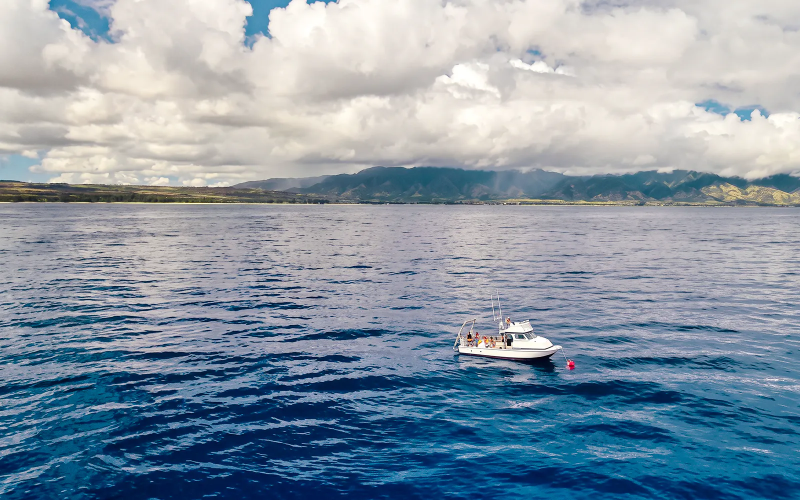 Boat on ocean with tourists during O'ahu Shark Dive Tour, Hawaii, with mountains in the background.